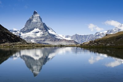 Riffelsee Lake reflecting the Matterhorn.