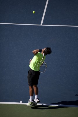 Rafael Nadal serving.
