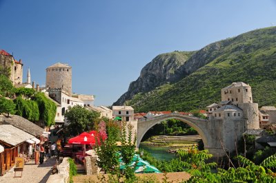 31 MOSTAR, left bank, Old Bridge 1566, re-opened 2004, historic old town and bazaar