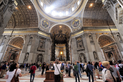 The Papal Altar is at the center of the St Peter's Basilica where only the Pope celebrates Mass. Rising above the altar is the Baldacchino (95ft. canopy)