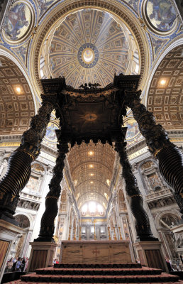 The Papal Altar & Baldacchino 
The Papal Altar is at the center of St Peter's Basilica
Rising above the altar is the Baldacchino (95ft. canopy)