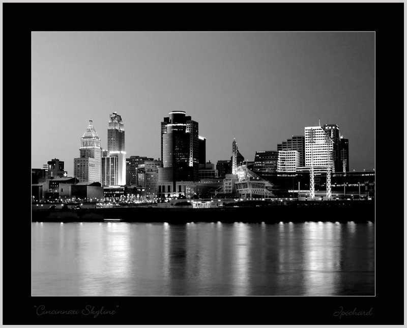 may 15<br>Cincinnati Ohio skyline in black & white