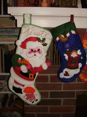 The BIGGEST stocking - the first born - Kirsti and her cute Stevie.  (Kirsti made Steve's... except for the durn French knots)