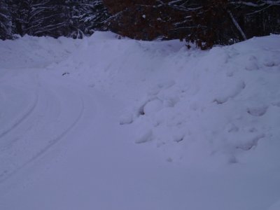 My parent's street... yes, I tried to pull through the new snow only to get stuck and to dig out.
