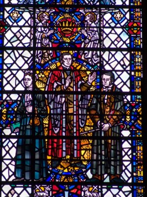 Portion of the Hymnologists window with Mrs Alexander (There is a greenhill) on the left
