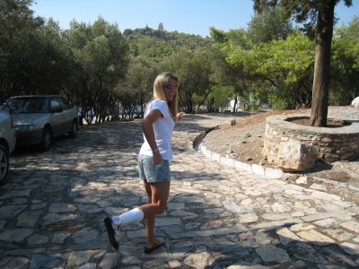 pretending to run down the cobblestone road, the start of the Spartathlon