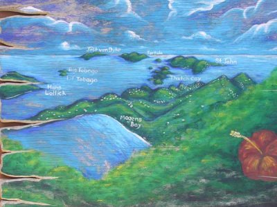 Painting showing view with islands labeled