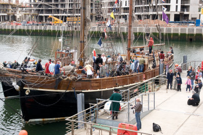 The Zebu moored in front of the new Titanic Quarter development