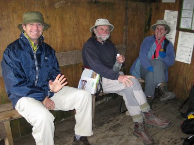 Brits Gary, Mike and Fiona in the hut having lunch