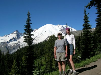 Cathy and Annie with Rainier behind