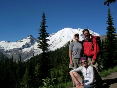 Cathy, Murray and Annie with Rainier behind