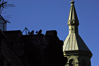 Church and satellite dishes, Chinatown, New York City, New York, 2009
