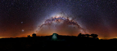 Milky Way 12 image mosaic with rock formation lit up