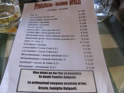 Carta de Bebidas en el Refugio Coston