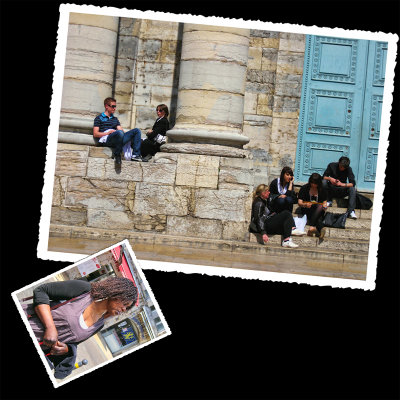 On the steps of the old church, as in  a  theatre stage-box...