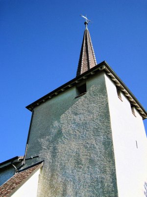 The bell tower lost in the blue