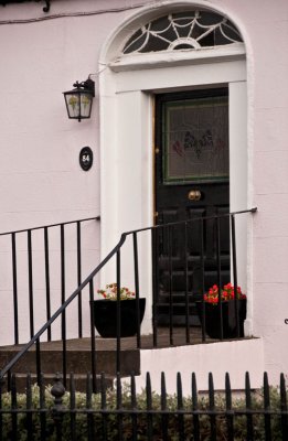 Hold on to the railing as you climb the steps to the door in this pink house