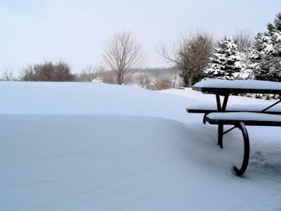 Drift [close] and shoveled
snow wall [further out]