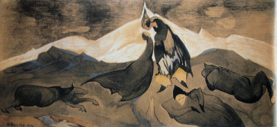 Kiss of mongolian prince on glacial desert, 1915 - 1918, gouache on paper