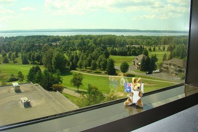 Admiring the view from the Traverse City hotel room, looking over Lake MIchigan