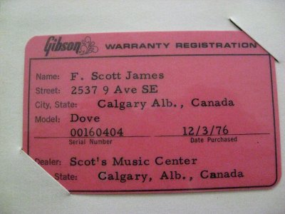 1976 Gibson Dove - warranty card
