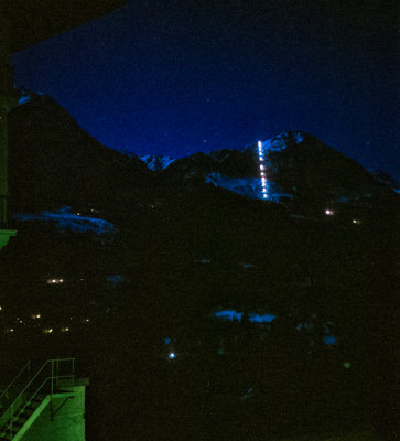 Zugspitz night from Hotel - cable car lift lights are visible