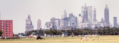US Army Band practicing and Lower Manhattan skyline in the background - 1963