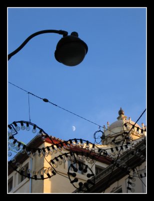 Streetlight, Moon and Christmas Lights