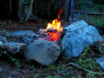 Warm campfire on a cold morning in January