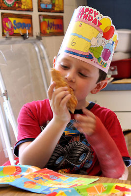 Pizza and cake at school to celebrate David's 6th birthday
