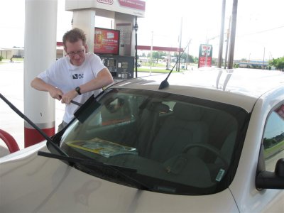 Roy learning to clean the windscreen