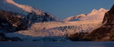 Panoramic of Mendenhall Glacier bathed in alpenglow December 14, 2008