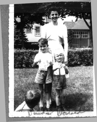 Rita Mackie (wife of Dave Mackie) with David Jr., and Donald at Varnum St., Arlington. MA circa 1945