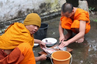 Cleaning fish at Wat Sap