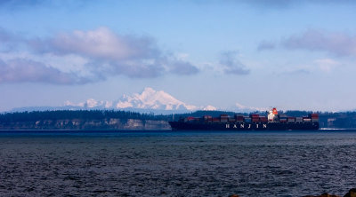 Container ship and Mt. Baker