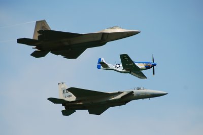 F-22 raptor, P-51 Mustang and F-15C eagle in formtaion