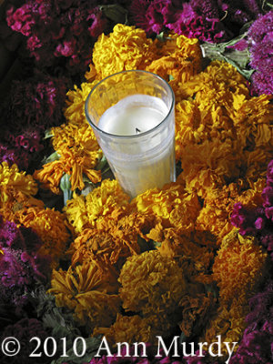 Votive with marigolds & celosia