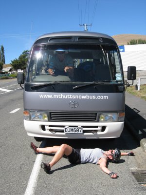 Susan, suffering severe jet lag, fails to unclip quickly enough in front of the van..notice the driver!