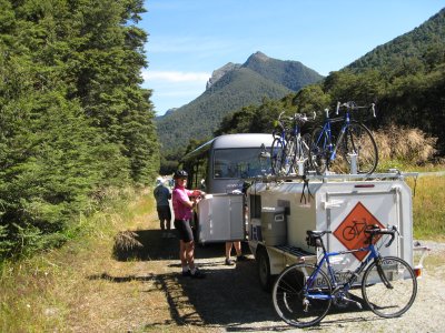 Getting ready for the next day's ride over Lewis Pass