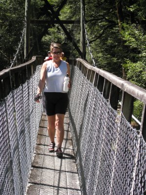 A swing bridge - a common way to walk across NZ's rivers