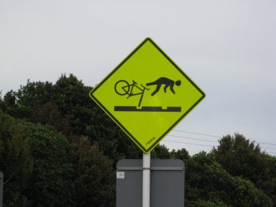We loved the graphics on this sign - keep those wheels perpendicular to the rr tracks or watch out!