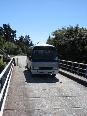 The support bus going over the one-lane bridge (most on the South island are one lane bridges)