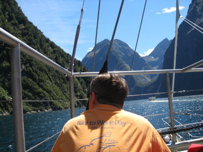 On our boat in Milford Sound on a beautiful day. Mitre Peak, ahead, comes right out of the water - 5076' high