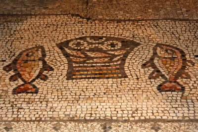 Mosaic of fish and bread on the Church of the Multiplication floor