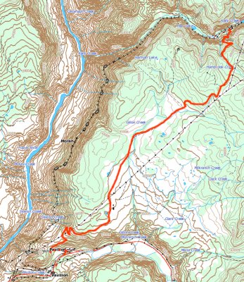 The tortuous path over the mountains on a dirt road with severe altitude changes and many switcbacks.
Reference: Atlas.nrcan.gc.ca