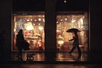Paris antique store on rainy evening