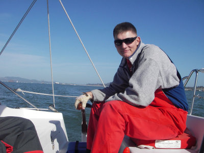 Scott at the helm, heading for Alameda - 10, 10:12AM