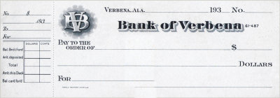 Bank of Verbena Check - 1930's