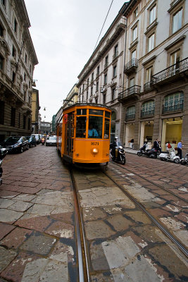 Orange streetcar in Milan