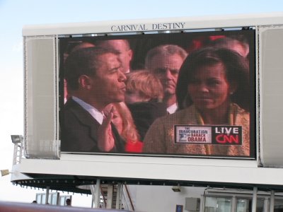 watching the inauguration on Lido deck jumbotron